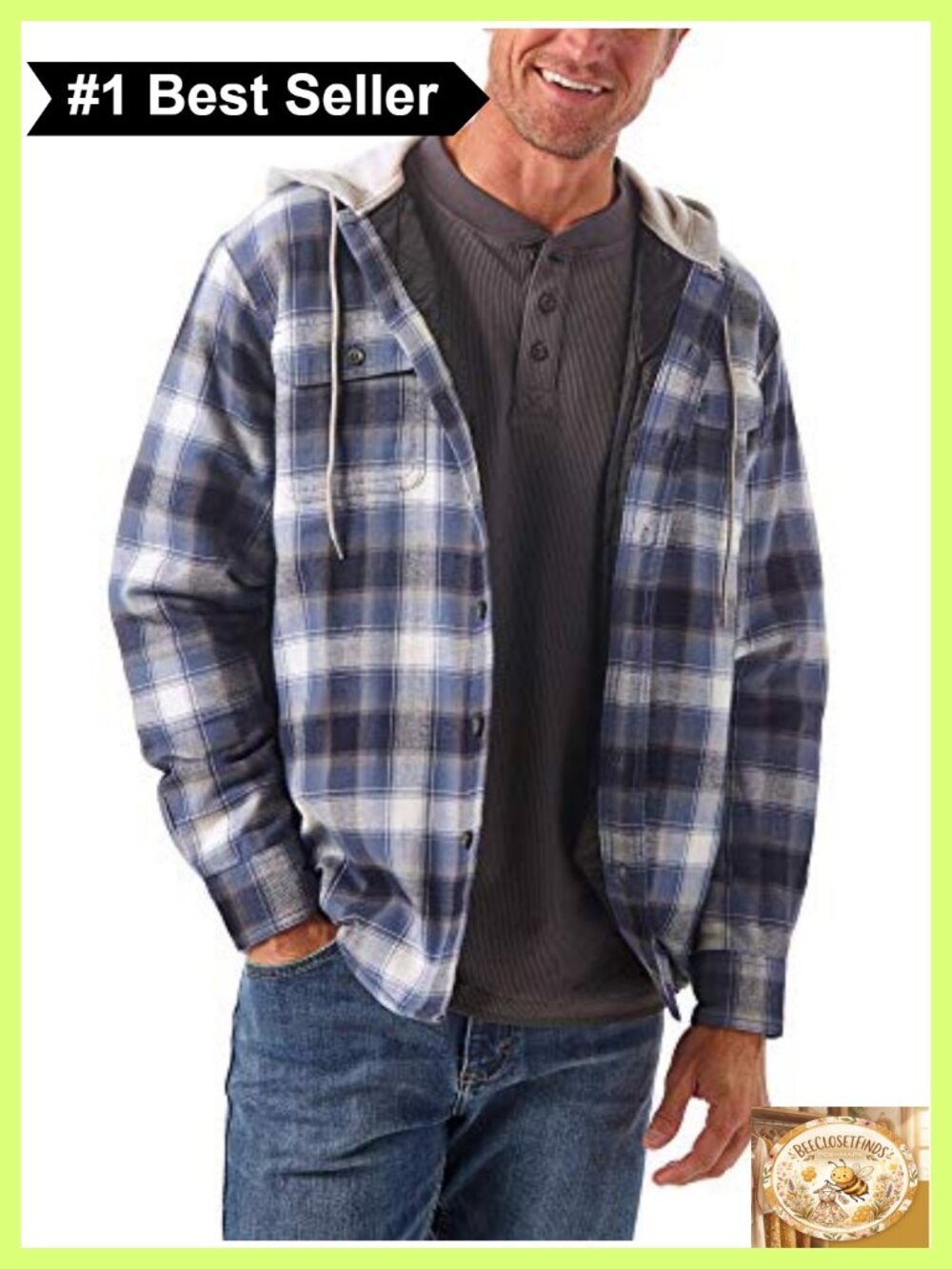 Quilted Lined Flannel Shirt Jacket with Hood Long Sleeve